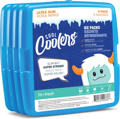 Cool Coolers by Fit + Fresh, 4 Pack Slim Ice Packs, Space Saving Reusable Ice Packs for Lunch Boxes or Coolers