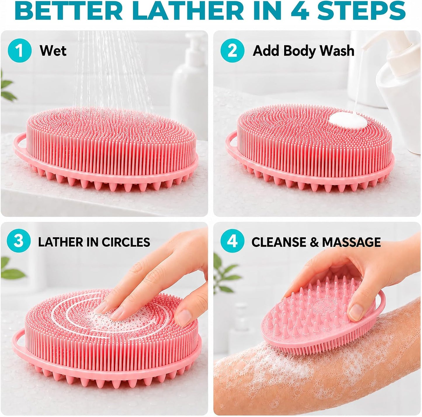 2 Pack Silicone Body Scrubber, Loofah Double-Sided Body Brush,Shower Scrubber and Scalp Massager Shampoo Brush for Sensitive Kids Women Men All Kinds of Skin (Black & Pink)
