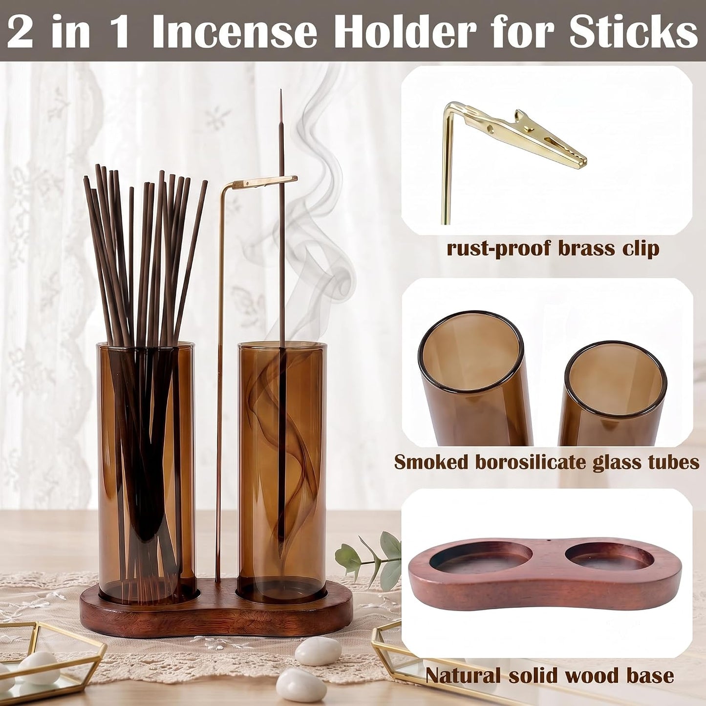 2 in 1 Anti-Ash Incense Holder for Sticks, Upside Down Hanging Incense Burner with Removable Glass Ash Catcher and Wooden Base, Modern Vertical Zen Decor for Home Office Yoga Meditation Room（Clear）
