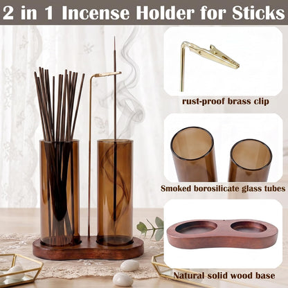 2 in 1 Anti-Ash Incense Holder for Sticks, Upside Down Hanging Incense Burner with Removable Glass Ash Catcher and Wooden Base, Modern Vertical Zen Decor for Home Office Yoga Meditation Room（Clear）