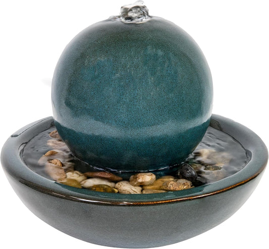 Sunnydaze 7" Indoor Ceramic Tabletop Fountain with Orb, Smooth Glaze, Teal