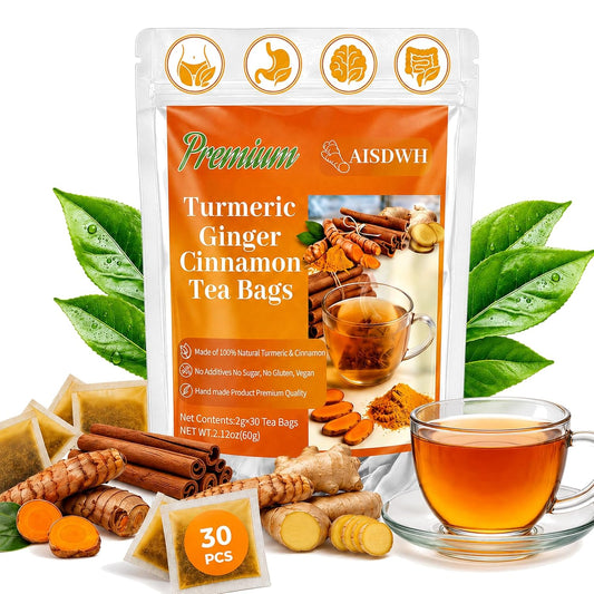 AISDWH, 30 Premium Turmeric Ginger Cinnamon Tea Bags, Digestive Support