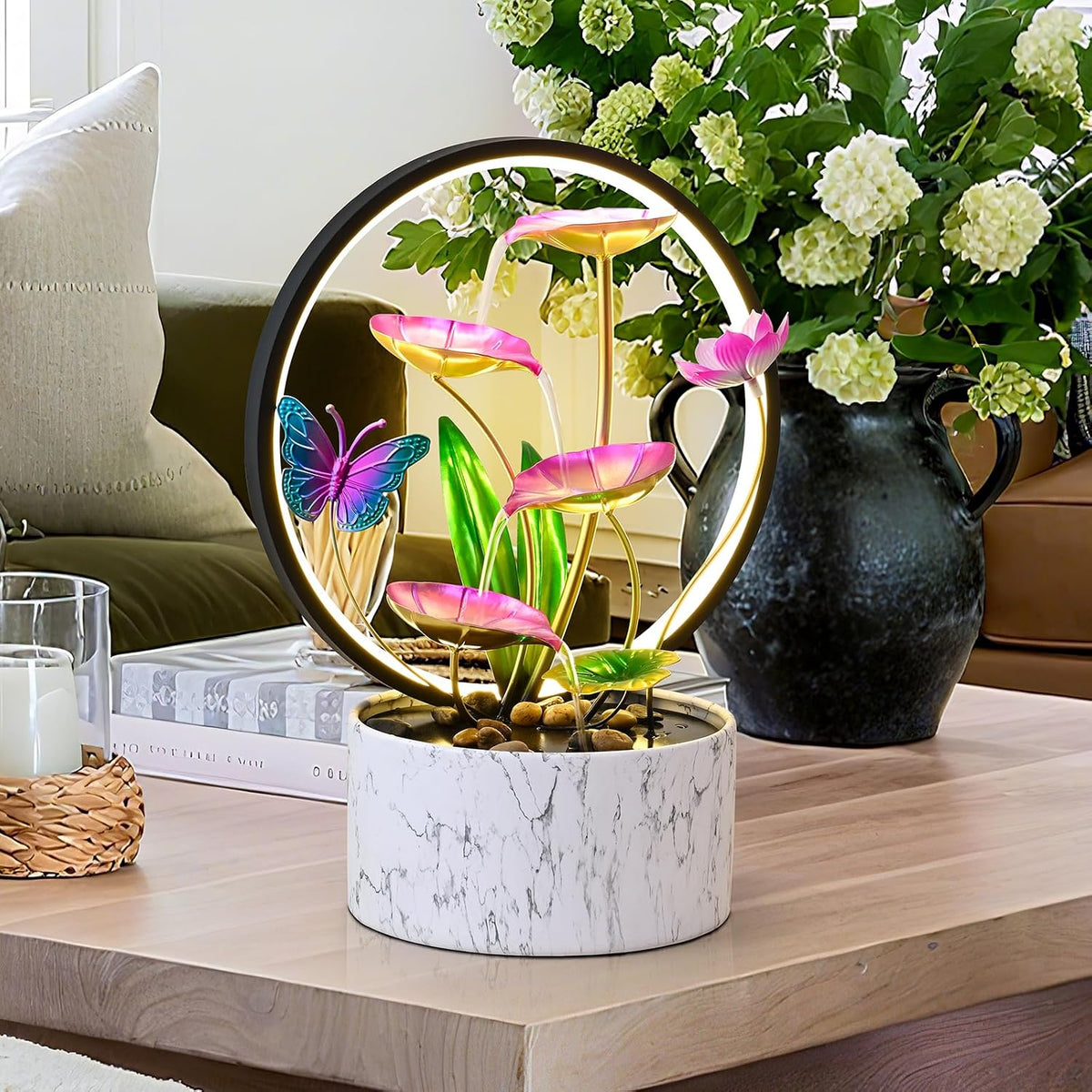 11‘’ H Pink Tabletop Water Fountain, Zen Desktop Waterfall, Indoor Lotus Desktop Decorative Fountain, Home Bathroom Bedroom Decor.