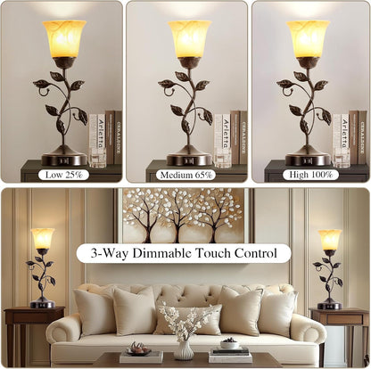 Touch Control Table Lamp with 2 USB Charging Ports, 3-Way Dimmable Bedside Nightstand Lamps, Amber Glass Shade Vintage Rural Leaf Lamp for Living Room, Bedroom, Dresser, LED Bulb Included (Bronze)