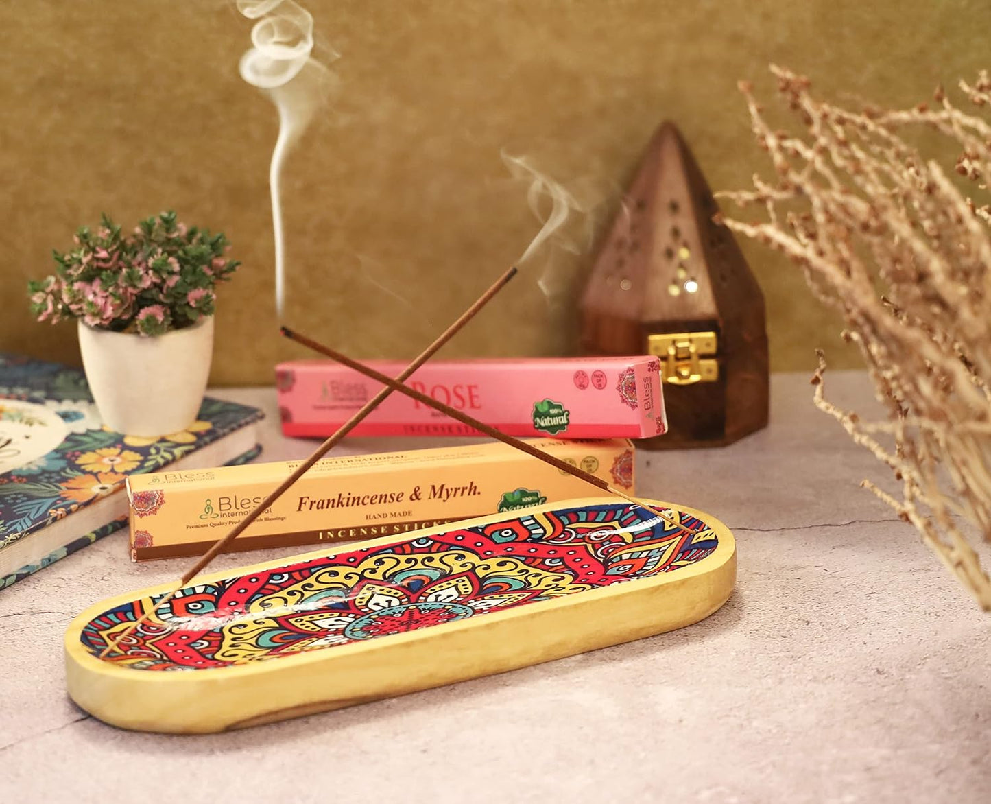Bless-International Traditional-Handmade-Tray-Burner Wooden-Trat-Incense-Stick-Holder Ash-Catcher-Stand for-Aromatherapy-Meditation-Yoga 11x4x1.22 Inches (Wooden Tray)