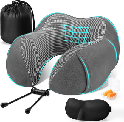 CloudBliss Travel Pillow for Airplane, Memory Foam Neck Pillow for Travel, Compact Flight Pillow with Eye Mask, Earplugs, Carry Bag, Travel Neck Pillow for Long Flight Sleep, Plane Accessories, Black