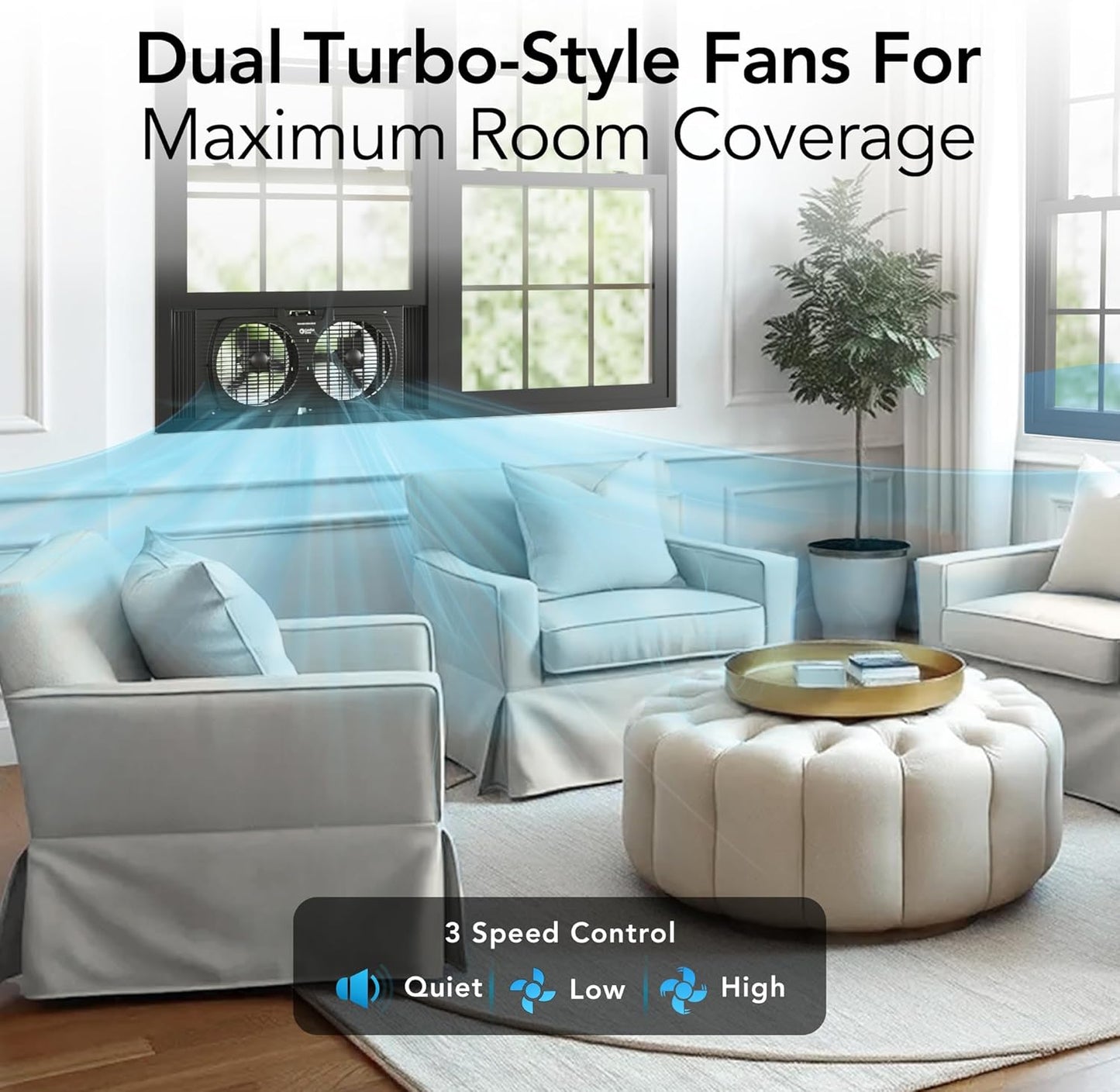 Comfort Zone Twin Window Fan with Reversible Airflow Control, 9 inch, Auto-Locking Expanders, 2 Speed Fan, Dual Fan, Exhaust, Airflow 9.84 ft/sec, Ideal for Home, Kitchen, Bedroom & Office, CZ319WT