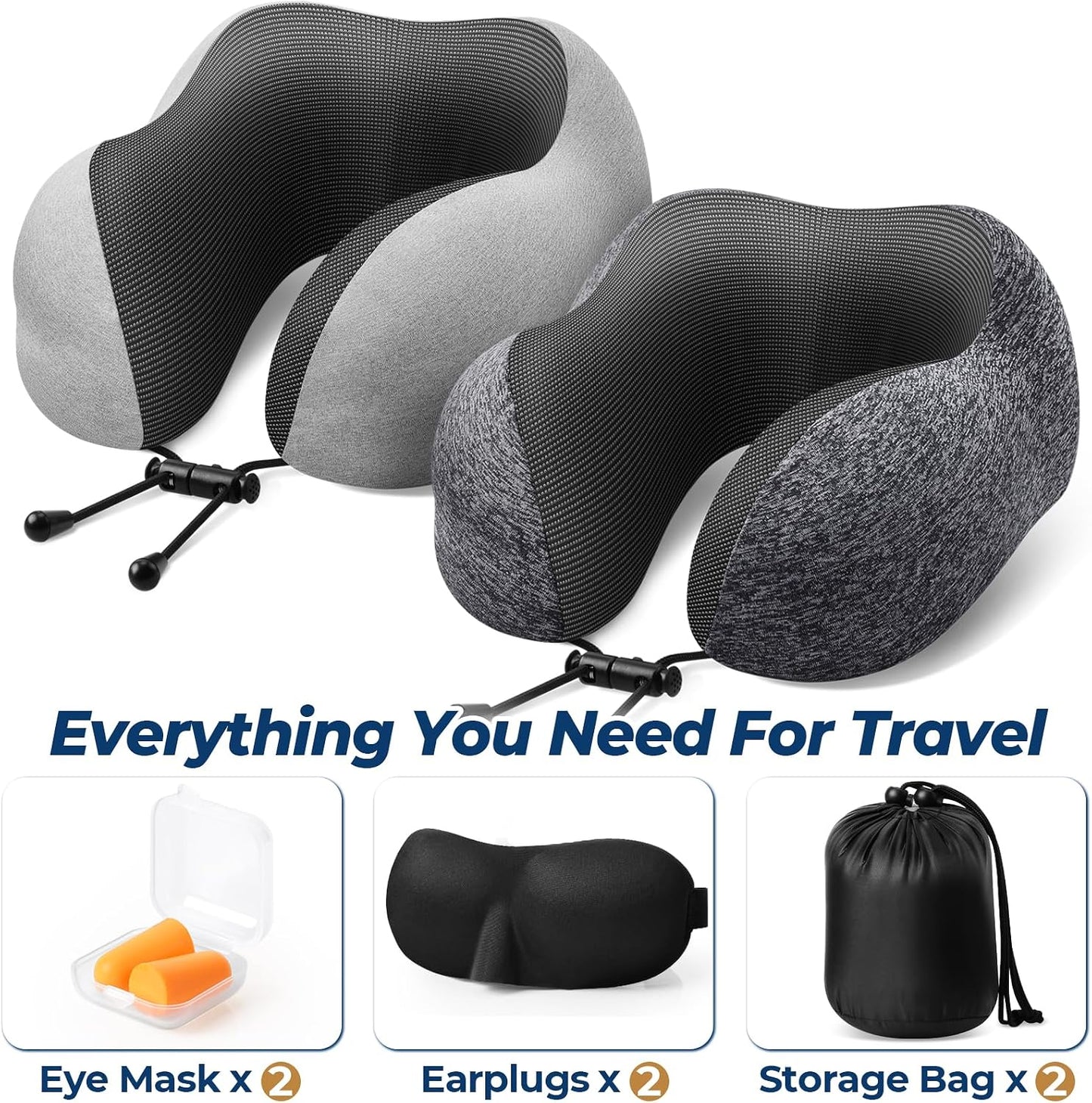 ExploreBliss Travel Pillow, Travel Pillows for Sleeping Airplane, Neck Pillow Airplane, Memory Foam Neck Pillow Set with Eye Mask, Earplugs and Storage Bag -Grey