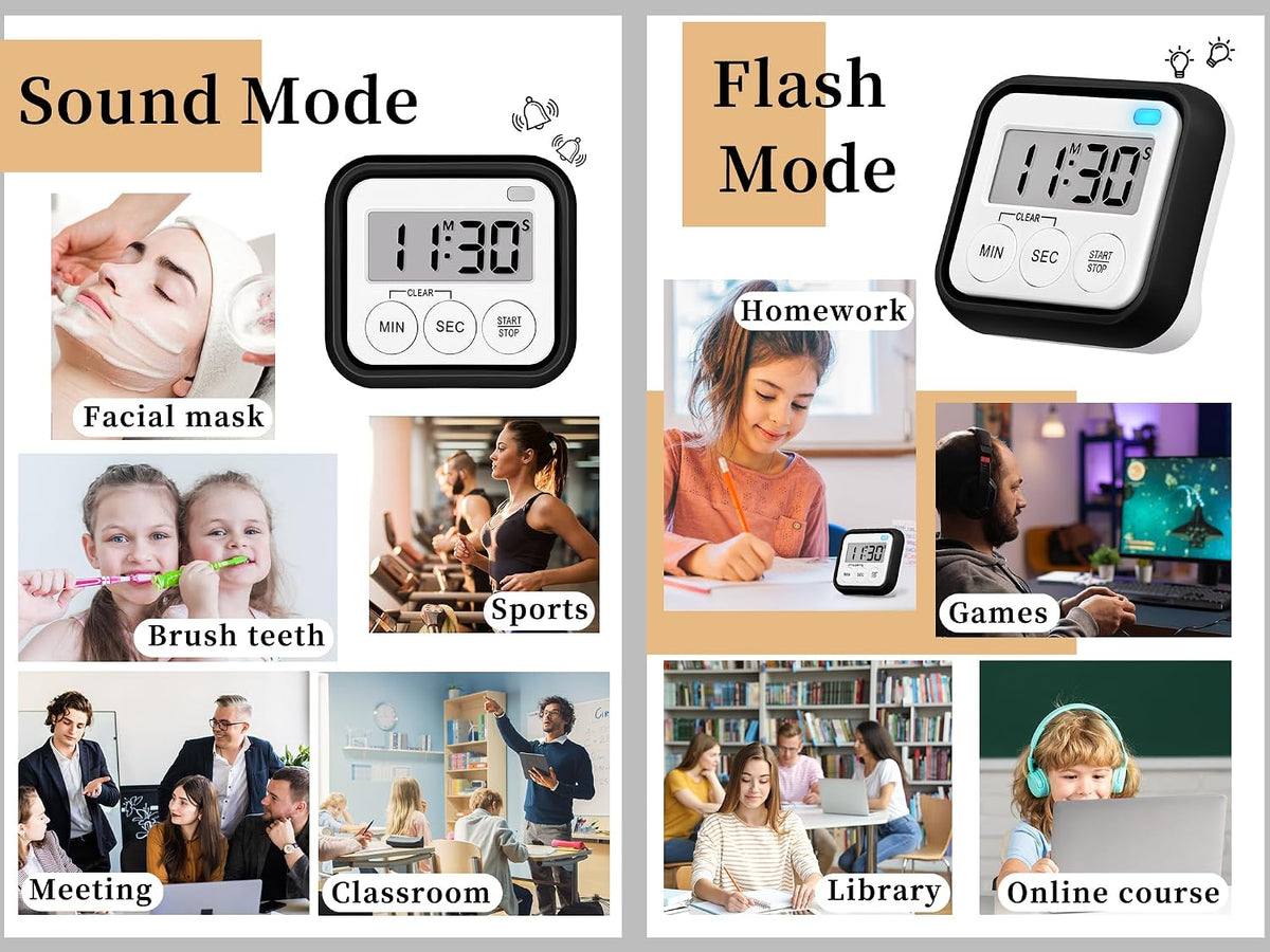 Timer, Kitchen Timers for Cooking Classroom Timer for Kids Teachers Magnetic Digital Timers 2 Pack, Black