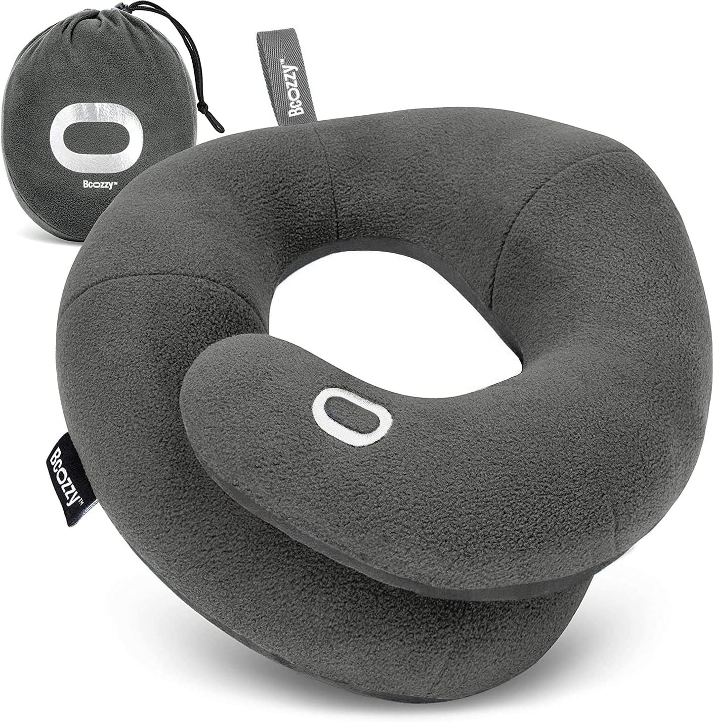 BCOZZY Travel Neck Pillow for Airplane– Patented Double Support for Head, Neck, and Chin. Best for Long Flights, Plane Sleeping, and Car Rides. Adjustable Size. Fully Washable. Carry Bag. Large, Black