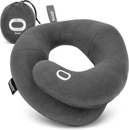 BCOZZY Travel Neck Pillow for Airplane– Patented Double Support for Head, Neck, and Chin. Best for Long Flights, Plane Sleeping, and Car Rides. Adjustable Size. Fully Washable. Carry Bag. Large, Black