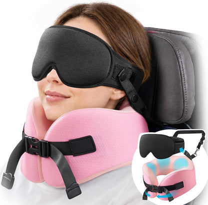 YFONG Travel Pillow for Long Flights, Patented 360° Ergonomic Sleeper Hold Head Support System with Memory Foam Neck Pillow & 3D Sleep Mask, Prevent Head Bobbing for Airplane & Road Trip, Pink