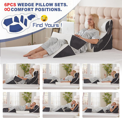 4PCS Orthopedic Bed Wedge Pillow Set for Sleeping, Post Surgery Foam Support Pillows for Back, Neck and Leg Pain Relief, Adjustable Triangle Pillow – Acid Reflux, GERD & Snoring Recovery, White Grey
