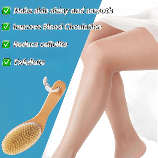 Dry Brushing Body Brush with Handle, Natural Bristle Exfoliating Brush
