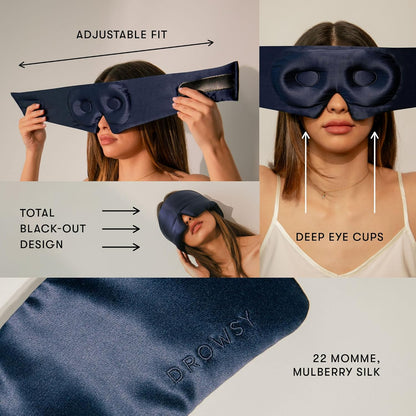 DROWSY Eyelash Protecting Silk Sleep Mask for Natural Lashes & Extensions. Deep Eye Cups, Zero Pressure, Total Blackout, Full Wraparound (Moonlight Shadow)