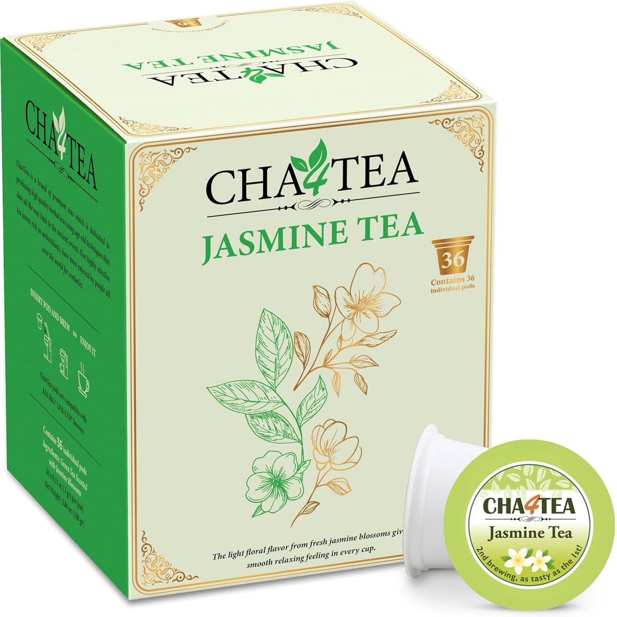 Cha4TEA 36-Count Jasmine Green Tea Pod Compatible with Keurig K-Cup Brewers