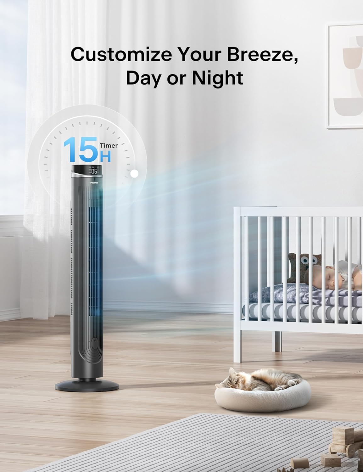 PELONIS 40 inch Bladeless Tower Fan for Bedroom, Standing Fan with Remote Control, 26ft/s, 90° Oscillation, 3 Speed Settings, 27dB, 3 Modes, 15-Hour Timer, LED Display, Fan that Blows Cold Air, White