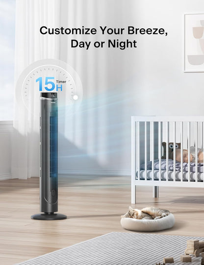 PELONIS 40 inch Bladeless Tower Fan for Bedroom, Standing Fan with Remote Control, 26ft/s, 90° Oscillation, 3 Speed Settings, 27dB, 3 Modes, 15-Hour Timer, LED Display, Fan that Blows Cold Air, White