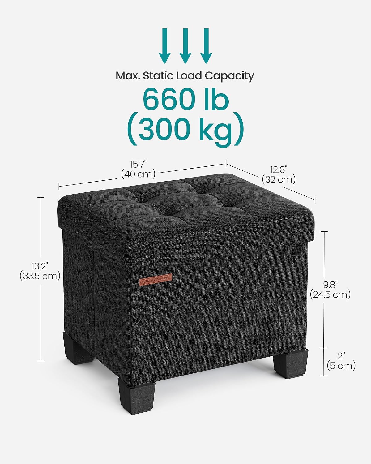 SONGMICS Storage Ottoman, Small Ottoman Foot Rest with Legs, 12.6 x 15.7 x 13.2 Inches Foot Stool, Load up to 660 lb, for Living Room, Bedroom, Dorm, Slate Gray ULSF012G01