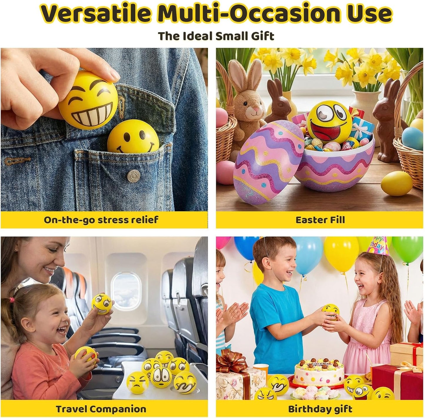 LovesTown 24 PCS Stress Balls Bulk for Party Favors, 2.5 Inch Funny Yellow Face Squeeze Toys Foam Face Squeeze Fidget Ball for Kids and Adult Stress Relief Gifts for Coworkers Classroom Prizes