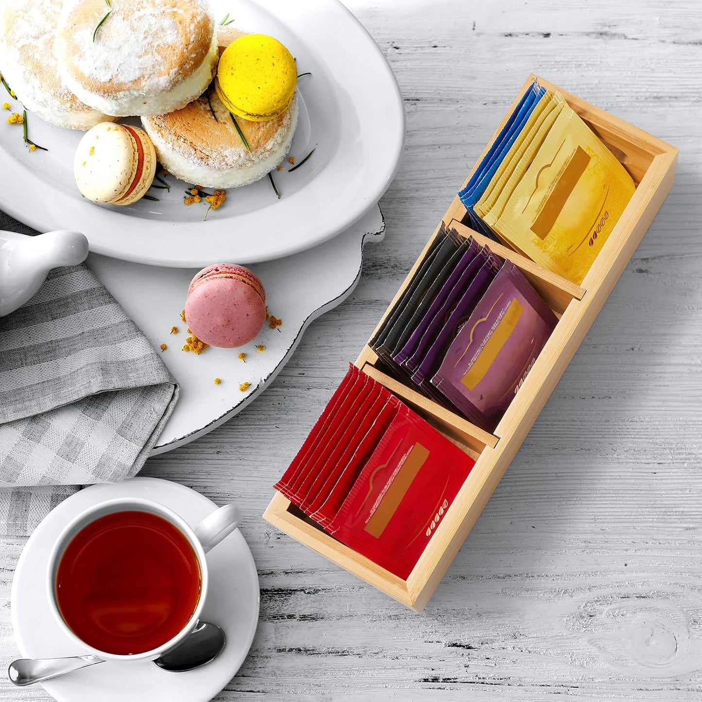 DRASTAR Tea Bag Organizer, Acacia Tea Bag Holder, Tea Storage Containers with 3 Slots, Wooden Tea Storage Accessories, Mini Tea Bag Caddy Box for Countertop
