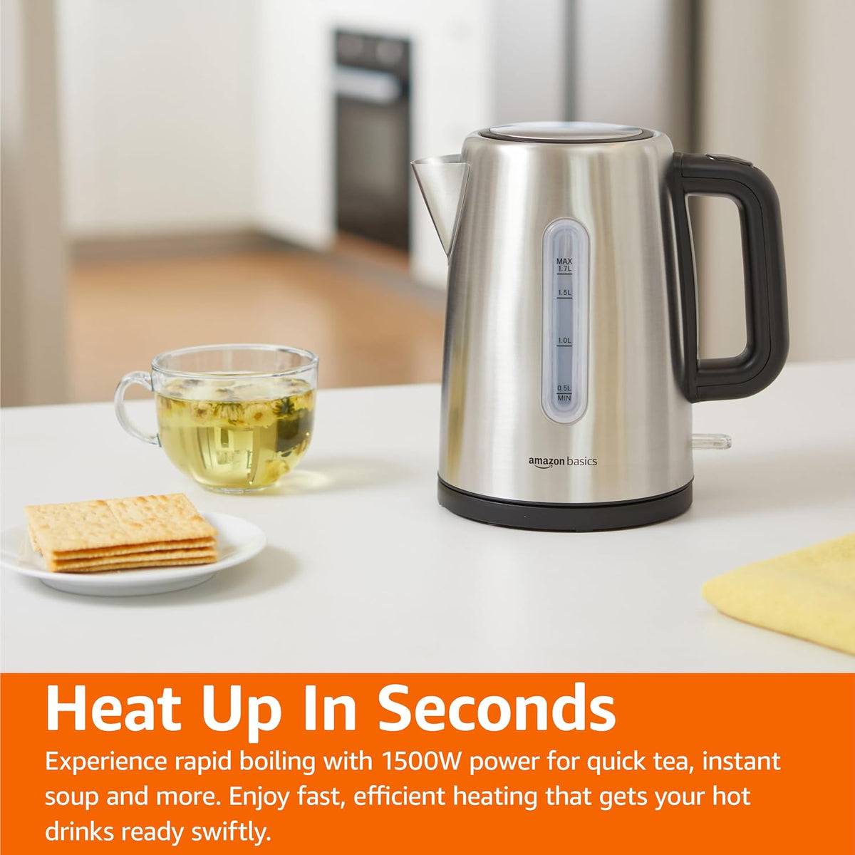 Amazon Basics Electric Kettle with Glass Carafe for Tea and Coffee, BPA-Free, Fast Boiling, Auto Shut-Off, Boil-Dry Protection, Water Level Indicator, 1.7 Liter, 1500W, Black and Silver