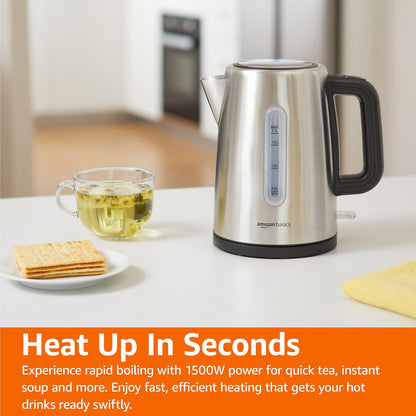 Amazon Basics Electric Kettle with Glass Carafe for Tea and Coffee, BPA-Free, Fast Boiling, Auto Shut-Off, Boil-Dry Protection, Water Level Indicator, 1.7 Liter, 1500W, Black and Silver