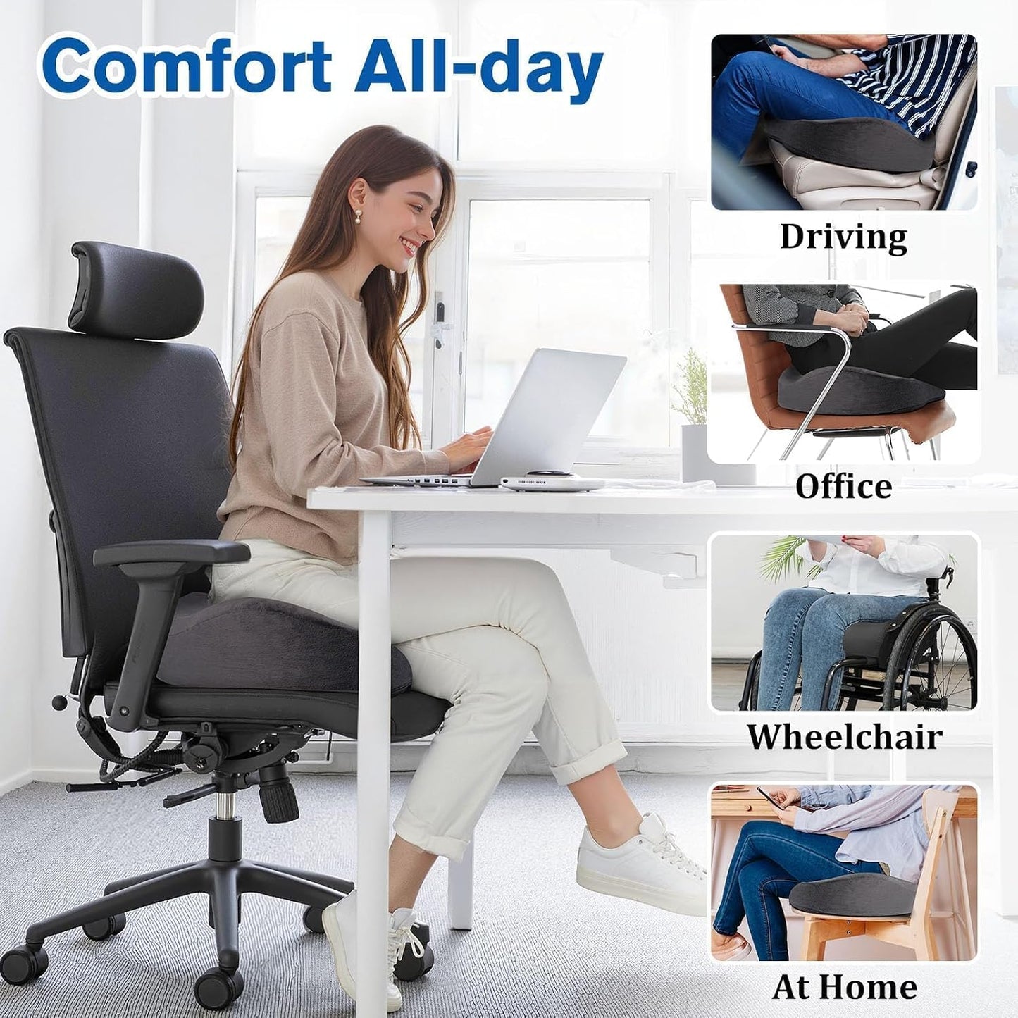 CushyOasis Seat Cushion, Gel Chair Cushions, Office Chair Cushions, Anti-Slip Bottom & Removable Cover Tailbone Pain Relief Cushion, Memory Foam Seat Cushion for Office, Wheelchair, Car (Black)