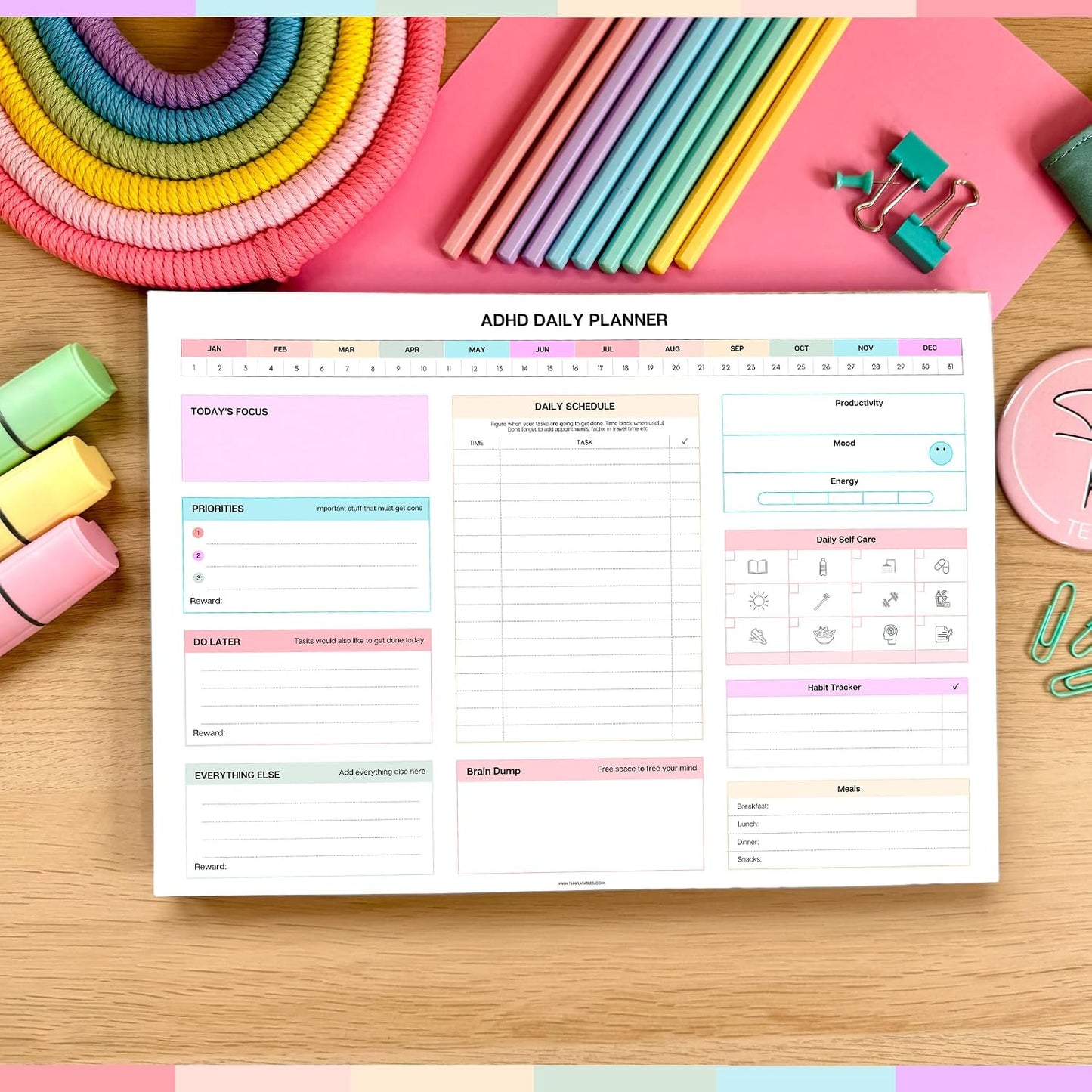 ADHD Daily Planner Notepad for Neurodivergent Adults - Productivity Daily Planner Desk Pad & Task Management to Stay Organized and Focused Note Pad (Rainbow, A4 Portrait)
