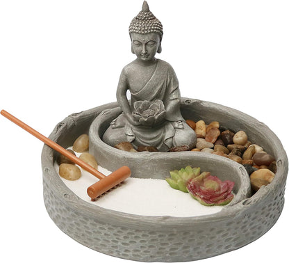 Nature's Mark Mini Zen Garden Kit for Desk with Rake, White Sand, Lotus Figure, 3 Sections Black Square Base, River Rocks and Black Rocks (9Lx9W C)