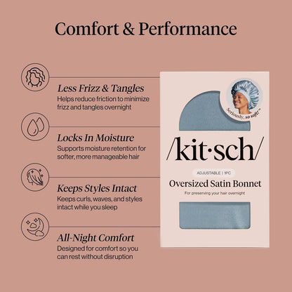 Kitsch XL Satin Bonnet for Sleeping - Softer Than Silk Bonnet For Sleeping Women - Secure Fit, Adjustable, Night Cap For Curly & Textured Hair - Prevents Breakage, Tangles & Thinning - Blush