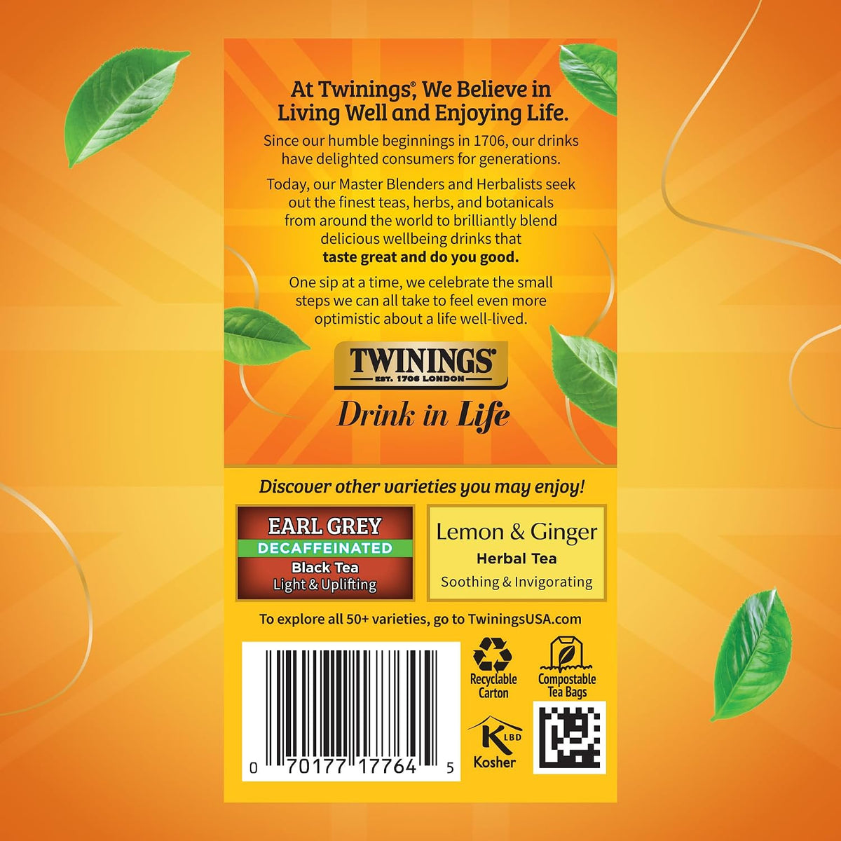 Twinings Decaffeinated Lady Grey Black Tea Individually Wrapped Bags, 20 Count (Pack of 1), Orange Peel & Lemon Peel, Enjoy Hot or Iced, 20 Teabags