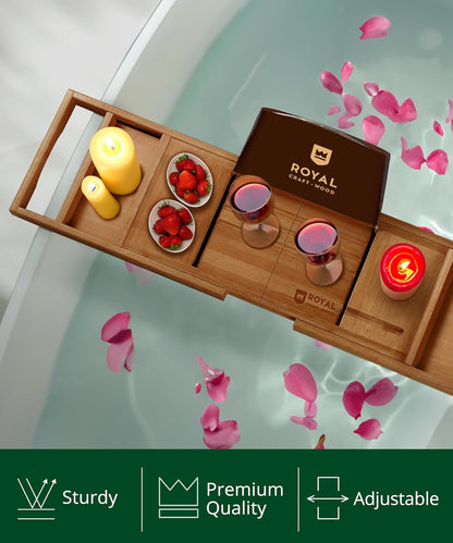 ROYAL CRAFT WOOD Premium Foldable Bathtub Tray Caddy - Wood Bath Tray for Tub, Bamboo Shelf, Expandable Bath Table Trays, Bathtub & Bathroom Accessories for New Home & Mothers, Birthday Gifts for Mom