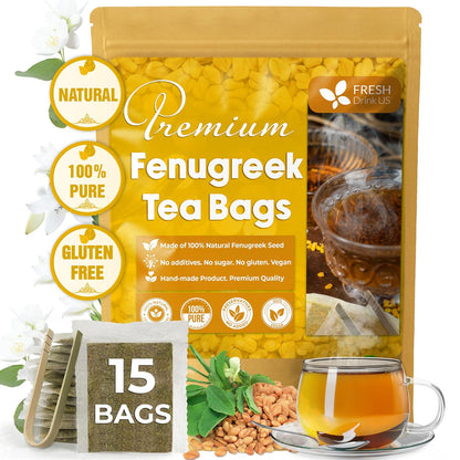 FreshDrinkUS, Premium 15 Tea Bags Fenugreek, 100% Natural & Pure from Fenugreek. Fenugreek Herbal Tea. Made with Natural Material Tea Bags. No Sugar, No Caffeine, No Gluten, Vegan.