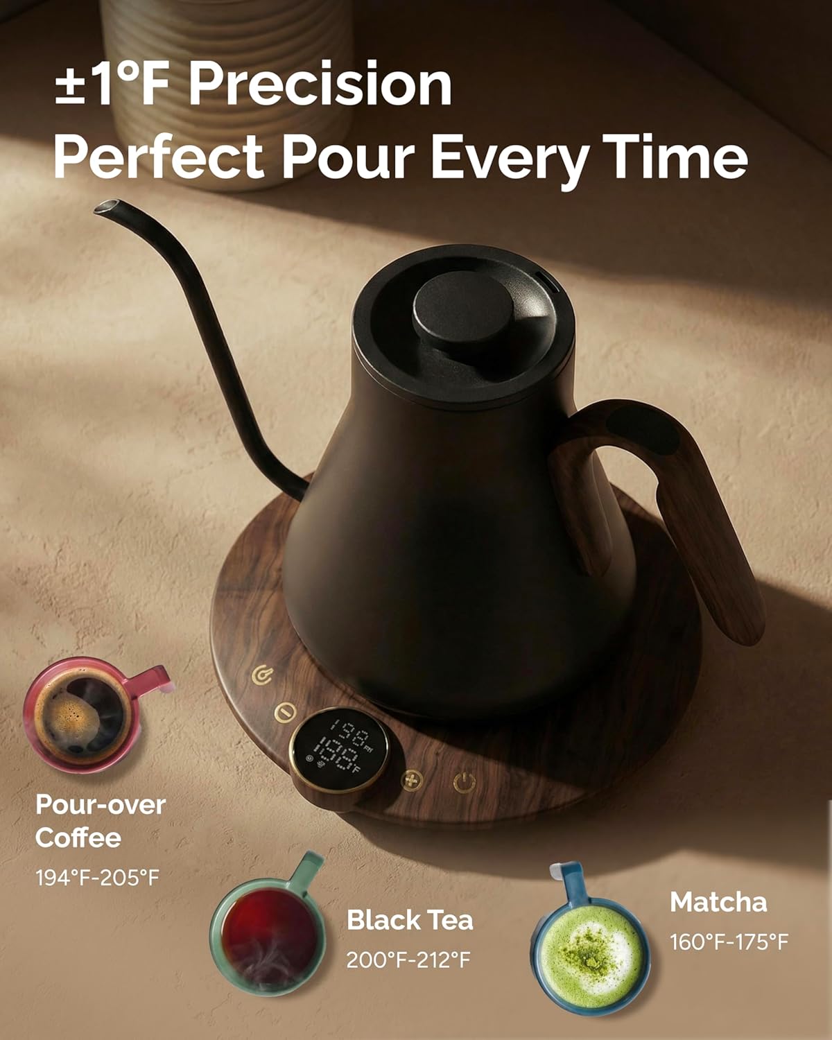 INTASTING Gooseneck Electric Kettle with ±1℉ Temperature Control for Pour Over Coffee & Tea, Quick Heating, BPA-Free Stainless Steel, Built-in Brew Timer, 1500W/0.9L (Ebony Black)