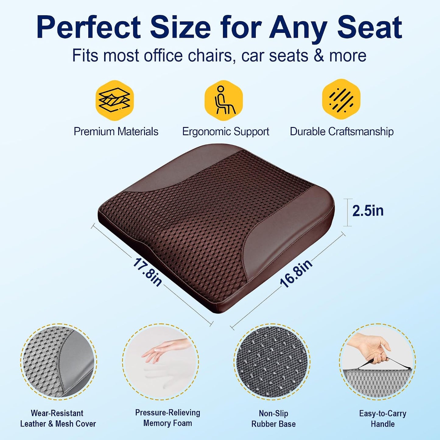 kingphenix Premium Car Seat Cushion, Memory Foam Driver Seat Cushion to Improve Driving View- Coccyx & Lower Back Pain Relief - Seat Cushion for Car, Truck, Office Chair (Leather Black)