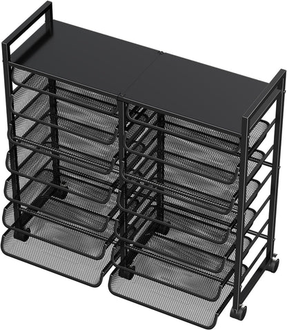 Simple Trending 12-Tier Rolling File Cart, Desk File Organizer with 11 Mesh Sliding Trays, Letter & Legal Paper Storage Rolling Utility Cart for Office Home School, Black