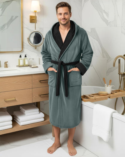 NY Threads Mens Robe with Hood, Luxury Plush Fleece Hooded Mens Bathrobe, Spa Bath Robe for Men