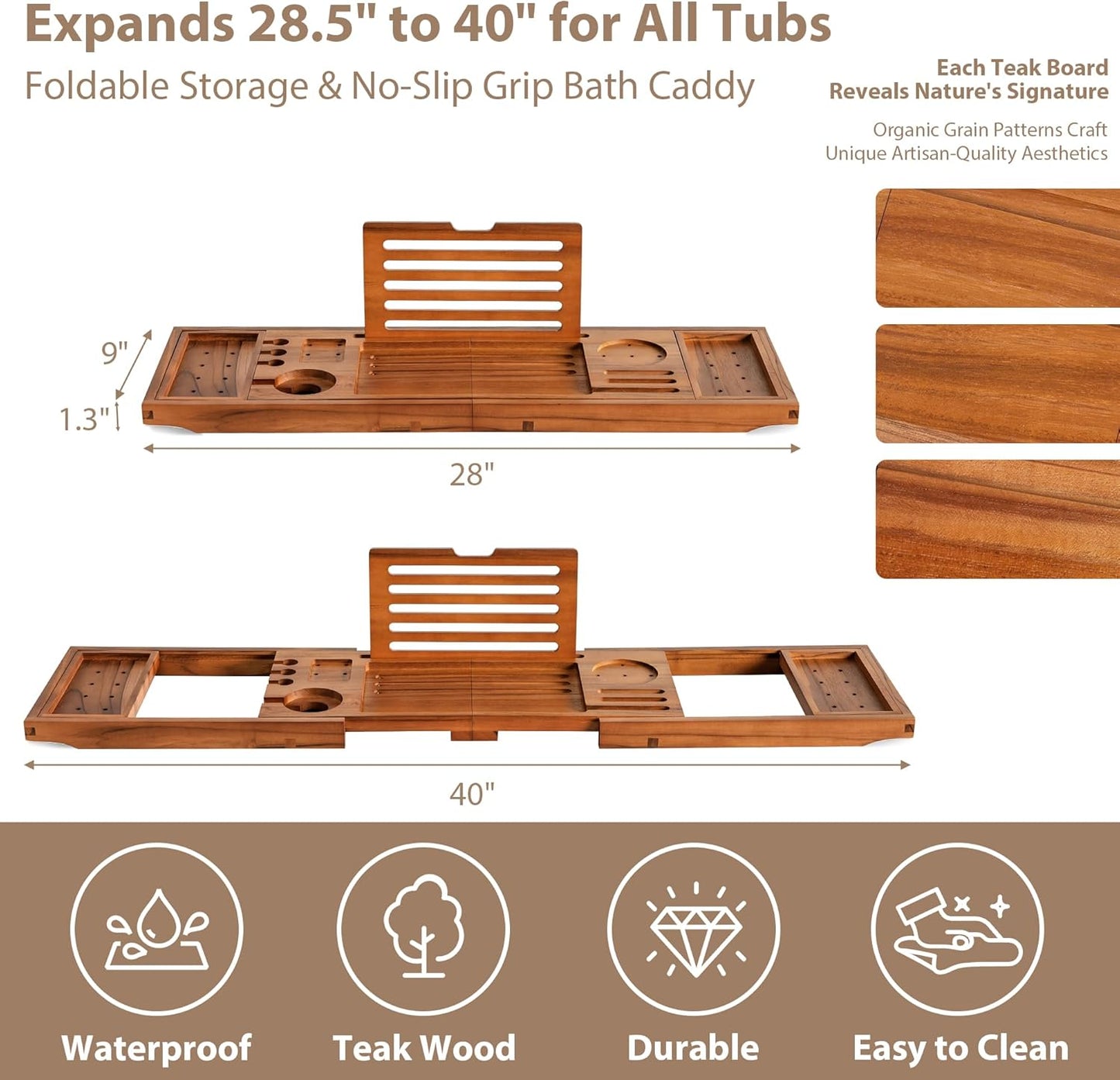 Bamboo Bathtub Tray Caddy - Splash-Proof Adjustable (28.5-40") with Wine Holder, Tablet Stand & Non-Slip Grip | Spa-Grade Organizer for Bath Essentials & Reading- Walnut