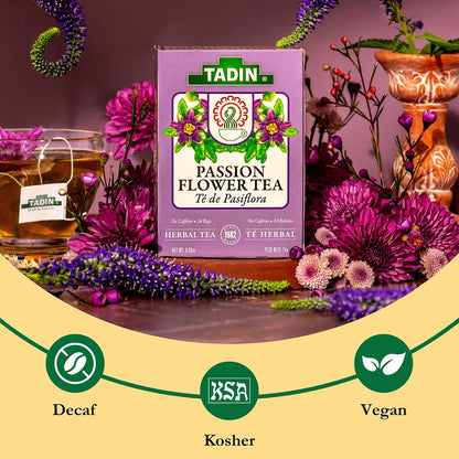 Tadin Passion Flower Herbal Tea, Caffeine Free, 24 Tea Bags Per Box, Pack of 6 Boxes Total
