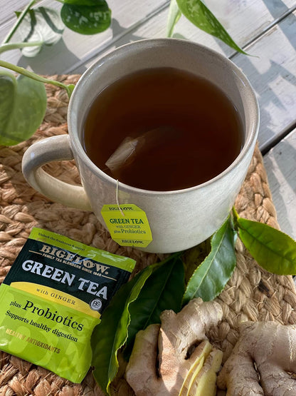 Bigelow Tea Green Tea with Ginger Plus Probiotics, Caffeinated Tea with Ginger, 18 Count Box, (Pack of 6), 108 Total Tea Bags