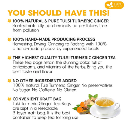 FreshDrinkUS, Premium 35 Tulsi Turmeric Ginger Tea Bags, 100% Natural & Pure from Tulsi Holy Basil Leaves, Turmeric and Ginger. Made with Natural Material Tea Bags. No Sugar, No Caffeine, Vegan.
