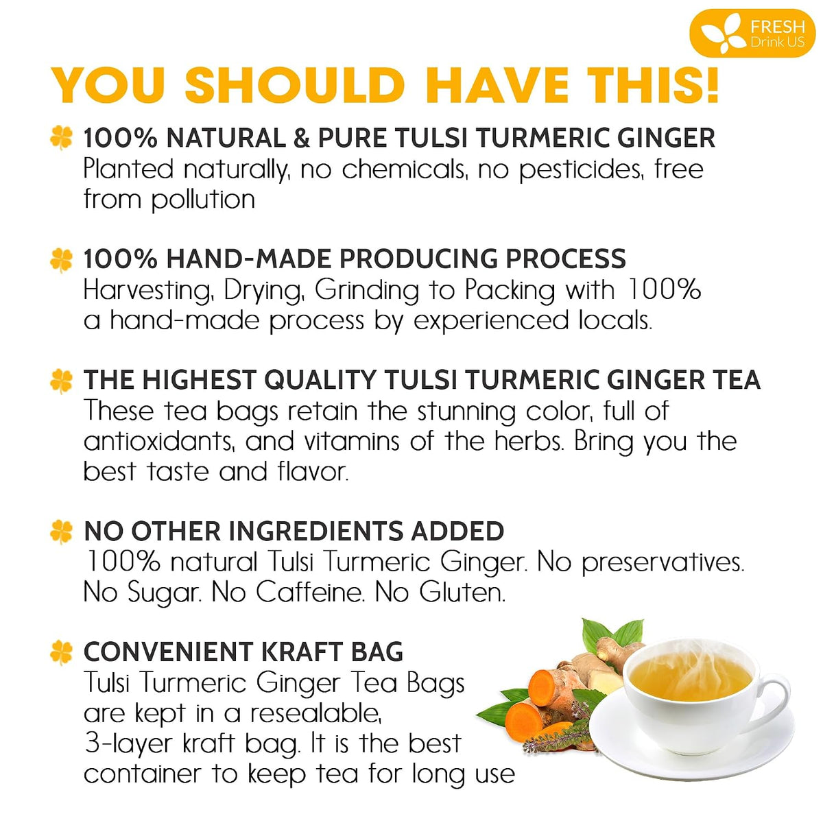 FreshDrinkUS, Premium Tulsi Turmeric Ginger Tea, 135 Count, Caffeine Free