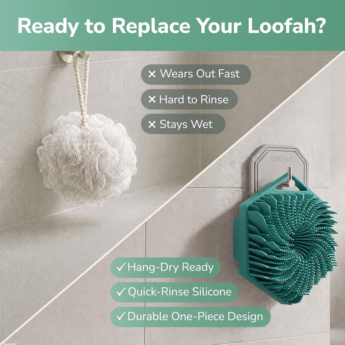 SILKLE Silicone Body Scrubber Exfoliator, Shower Scrubber & Silicone Loofah