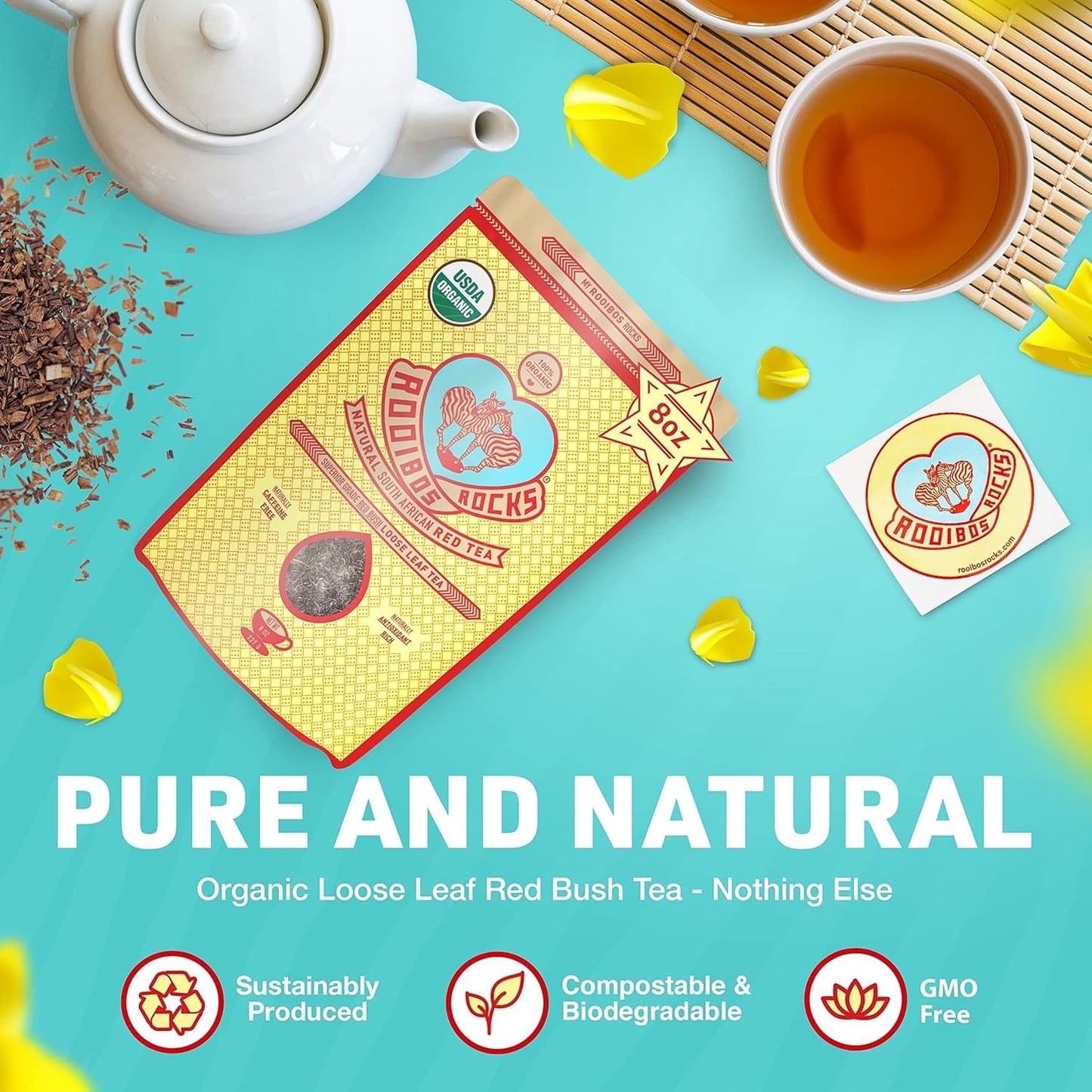 Caffeine Free Organic Rooibos Tea Bags 80 - Naturally Sweet Herbal Tea Safe for Kids & Pregnant Women – Low Tannin Premium South African Tea Red Tea - Sustainably & Ethically Farmed Red Rooibos Tea