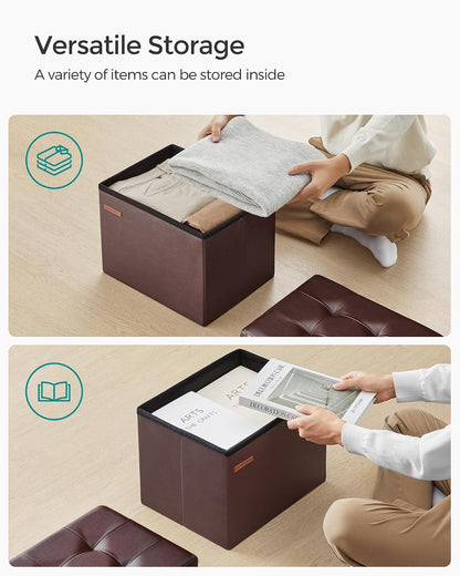 SONGMICS Small Folding Storage Ottoman, Foot Rest Stool, Cube Footrest, Synthetic Leather, 12.2 x 16.1 x 12.2 Inches, 286 lb Capacity, for Living Room, Bedroom, Dorm, Ink Black ULSF100B01