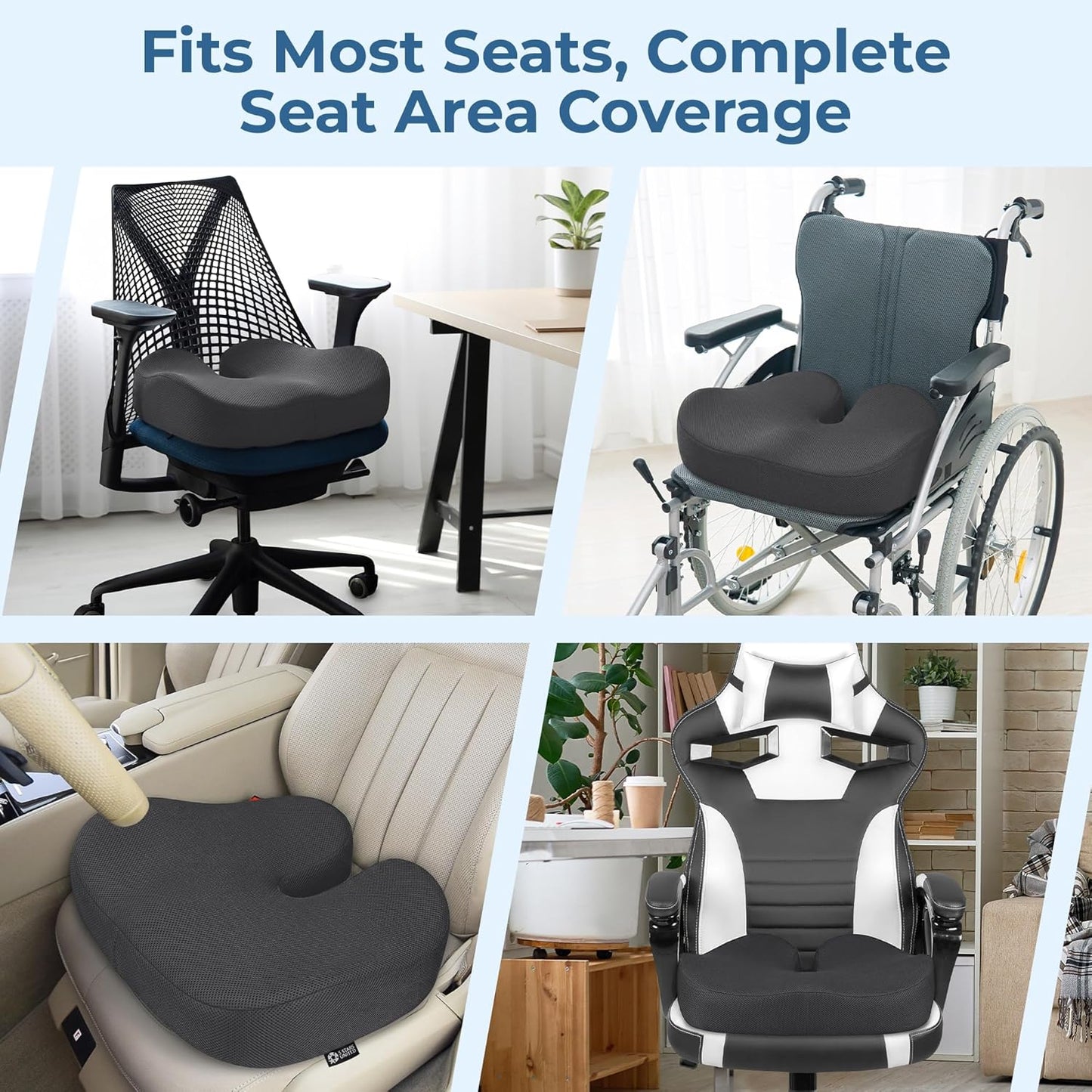 5 STARS UNITED Seat Cushion - Memory Foam Chair Cushion for Tailbone Pain Relief - Ergonomic Support for Coccyx, Sciatica & Butt - Office, Desk & Gaming Chair, Car Seat, Wheelchair, Black Suede