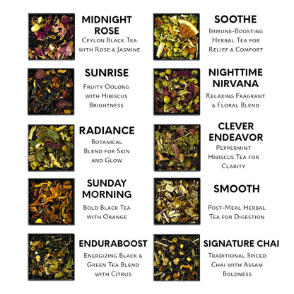 Pure And Easy Tea, Premium Tea Flight Gift Set, 30 Individual Loose Leaf Tea Packets, 10 Blend Tea Sampler, Herbal & Caffeinated Variety Pack, Luxury Gift Box, Makes 60 Cups