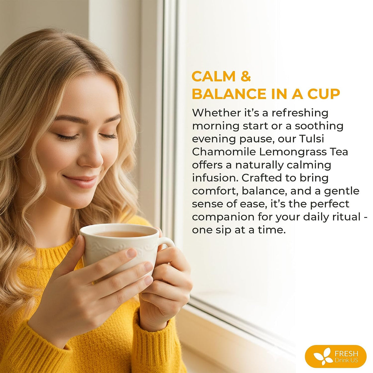 FreshDrinkUS, Premium 75 Tea Bags Tulsi Chamomile Lemongrass Herbal Tea | Blend with Holy Basil, Chamomile Flowers & Lemongrass Leaves – Naturally Caffeine-Free, Soothing Herbal Infusion. Vegan