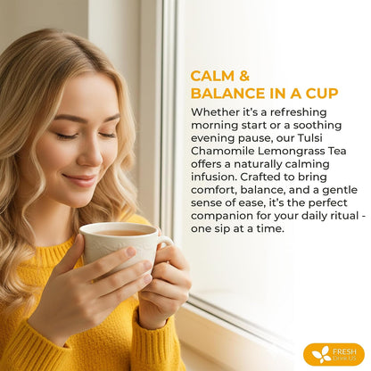 FreshDrinkUS, Premium 75 Tea Bags Tulsi Chamomile Lemongrass Herbal Tea | Blend with Holy Basil, Chamomile Flowers & Lemongrass Leaves – Naturally Caffeine-Free, Soothing Herbal Infusion. Vegan